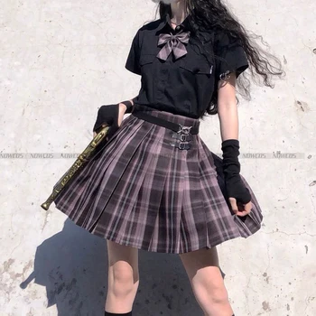 [Aurora] Študentov Dekle je Poletje Kratek Rokav Visoko Pasu Nabrano Vijolično Kariran Mini Mrežo Krilo Ženske Obleka Za JK Šolsko Uniformo