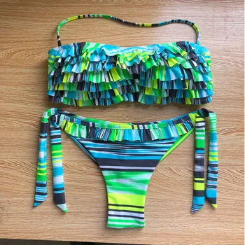 AUYLVY Biquini 2019 Ogrlicom Kopalke ženske Ogrlicom Povoj Split Povodcem Tuš SwimwearSet BeachwearPrint Ruffle Bikini Push Up