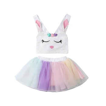 Baby Dekleta, Otroci Zajec Vrh Rainbow unicorn Krilo Fancy Tutu Cosplay Kostum Obleko Velikosti 2-5Y