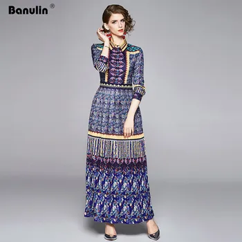 Banulin 2020 Modni Oblikovalec vzletno-pristajalne Steze Klasično Obleko Maxi Pomlad Ženske Dolg rokav Elegantna Cvjetnim Tiskanja Naguban Eksotičnih Dolgo Obleko