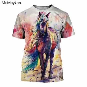 Barvita oljno sliko konja človek T-shirt 3D tiskanih o-vratu, kratke rokave t srajce Harajuku fant hip hop ulične vrhovi oblačila
