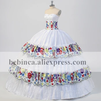 Bele Čipke Mehiški Chiapas Poročno Obleko Pisane Vezenine Poročne Obleke Vestido de novia Velikosti po Meri