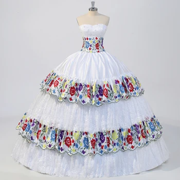 Bele Čipke Mehiški Chiapas Poročno Obleko Pisane Vezenine Poročne Obleke Vestido de novia Velikosti po Meri