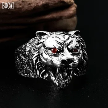 BOCAI podkrepljena S925 čisto srebrni nakit retro Tajski srebro moške tesnilo odprite moda tri-dimenzionalni tiger glavo srebrni prstan