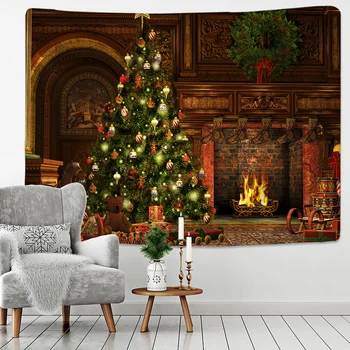 Božič Tapiserija, Božično Drevo In Kamin Toplo Družinsko Steni Visi Ozadje Doma Soba Dekoracijo Darilo