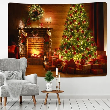 Božič Tapiserija, Božično Drevo In Kamin Toplo Družinsko Steni Visi Ozadje Doma Soba Dekoracijo Darilo