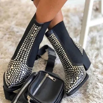 BRCCHENXI blagovno Znamko Design 2020 Visoke Kakovosti Kvadratnih Petah Klasična Moda Kovice Elastično Gleženj Škornji, Čevlji za Ženske Chelsea Čevlji