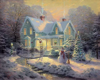 Brezplačna dostava pastorala doma snjegović Božič snowscape platno natisne oljna slika, natisnjena na platno wall art okras sliko
