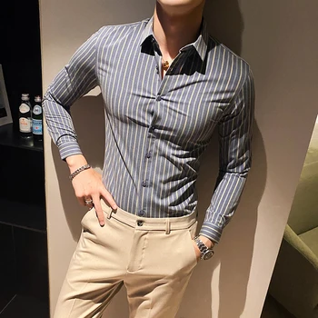 Britanski Slog, Črtasto Majico Moških Dolg Rokav Slim Fit Poslovno Obleko Srajce Moda Moški Priložnostne Socialne Bluzo Camisa Masculina
