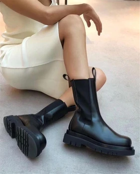 Britanski Stil Zimski Škornji Ženske Krog Toe Elastični Trak Slim Mid-tele Škornje vzletno-pristajalne Steze Botas Mujer Zahodni Škorenjčki