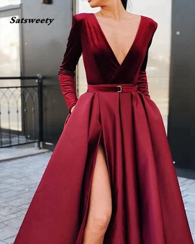 Burgundija Muslimanskih Večerne Obleke 2020 Proti-Vrat Velur Saten Formalna Obleka Z Žepi Visoko Režejo Eleganten Dolg Rokav Večernih Oblek