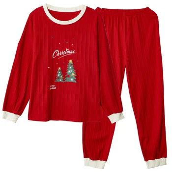 CAIYIER Novo Vesel Božič Par pižamo Nastavite Zimskem času Božičnih Dreves Nightgown Bombaž Novo Leto Moški & Ženske Stranka, Homewear 3XL
