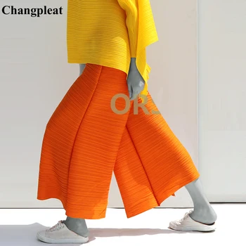 Changpleat Pomlad Nove Ženske Širok noge hlače Miyak Naguban Modno Oblikovanje Ohlapne Velikosti Trdna Elastični pas Ženske Hlače Tide