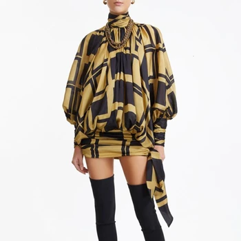 CHICEVER Bowknot Kariran Obleko Za Ženske Turtleneck Luč Dolg Rokav Visoko Pasu Čipke Mini Obleke Ženska 2020 Jeseni Mode