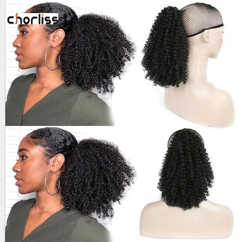Chorliss Afro Kratko Vrvico lase Razširitve 8inch Sintetičnih Kinky Kodraste Čop Hairpiece Kratek Afro Puff Chignon Lase