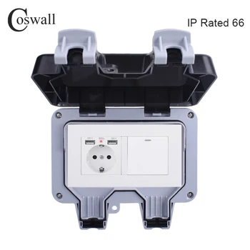 Coswall IP66 Nepremočljiva Prostem EU Standardno Vtičnico Z 2 Polnjenje prek kabla USB Port + 1 Banda 1 Način On / Off Stikala za Luč