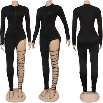 Cutubly Black Jumpsuit Trdna Seksi Jumpsuits Za Ženske Zadrgo Luknje Verige Globoko V Vratu Dolg Rokav Votlih Iz Kluba, Igralne Obleke Moda