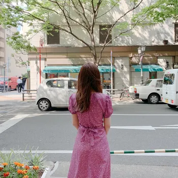 Cvetlični Vintage Obleke Moda Ženska V Vratu Korejski Datum Svate Vrstica Lok Kravato Vitek Pas Vijolično Obleko Dolgo 5128