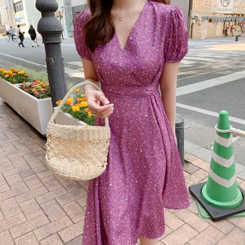 Cvetlični Vintage Obleke Moda Ženska V Vratu Korejski Datum Svate Vrstica Lok Kravato Vitek Pas Vijolično Obleko Dolgo 5128