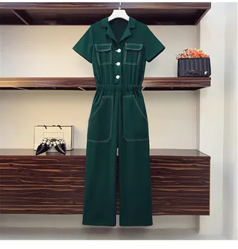 Cyanlee Plus Velikost 2020 Poletje Ženske Priložnostne igralne obleke Zavoj navzdol Ovratnik Gumb Trdna Zelena Moda Svoboden Safari Slogu Jumpsuits