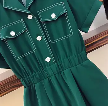Cyanlee Plus Velikost 2020 Poletje Ženske Priložnostne igralne obleke Zavoj navzdol Ovratnik Gumb Trdna Zelena Moda Svoboden Safari Slogu Jumpsuits