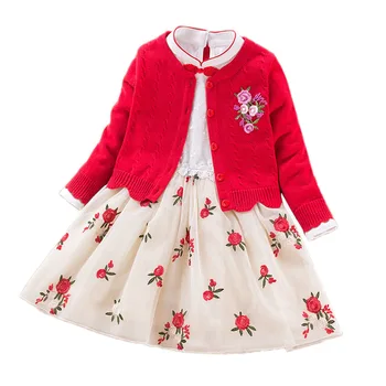 Dekleta Kompleti Oblačil Jesen Pomlad Otroci vezeni cvetlični Plašč+obleko 2pcs Obleke za Otroka Dekle Stranka otroških Oblačil 3 7 9Year