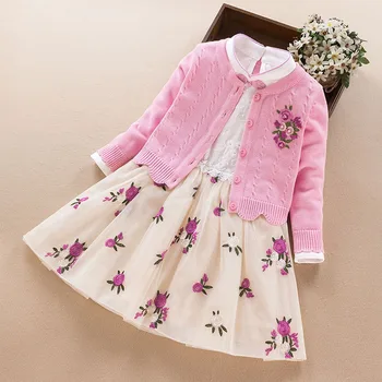Dekleta Kompleti Oblačil Jesen Pomlad Otroci vezeni cvetlični Plašč+obleko 2pcs Obleke za Otroka Dekle Stranka otroških Oblačil 3 7 9Year