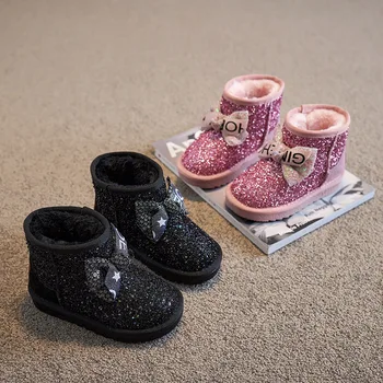 Dekleta sneg škornji sequined lok princesa bombaž škornji zimski 2020 novo non-slip odporne na obrabo otrok topli škornji