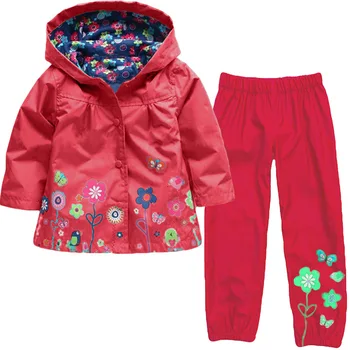 Dežni plašč Komplet Dekliška Oblačila Sklop Jesenski Cvet Hooded Dež Suknjič + Hlače 2Pcs Obleko Za Dekle, Otroci Rojstni Božično darilo