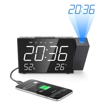 Digitalni Radio Projektor Budilka Moč Nazaj Polnilnik USB Ogledalo, Prikaz Časa Wake Up Mizo Tabela Led Budilka Temperature