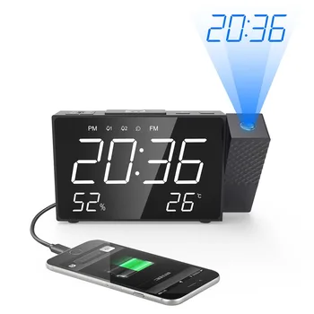 Digitalni Radio Projektor Budilka Moč Nazaj Polnilnik USB Ogledalo, Prikaz Časa Wake Up Mizo Tabela Led Budilka Temperature