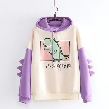 Dinozaver prevelik ženske Majica Srčkan harajuku korejskem Slogu Debel pulover s kapuco Ženske obleke Ohlapen Pulover Splice Majica Vrhovi