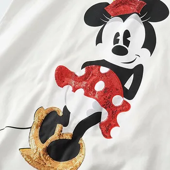 Disney Moda Minnie Mouse Sequined Risanka Tiskanja Sladko Ženske Bombaža T-Shirt O-Vratu Puloverju Kratek Rokav Tee Vrhovi Bela Ženska