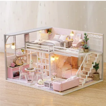 DIY play house simulacije igrača-lesena lutka hiša simulacije pohištvo študija spalnica mini lutka otrok je igrača za rojstni dan, Božič