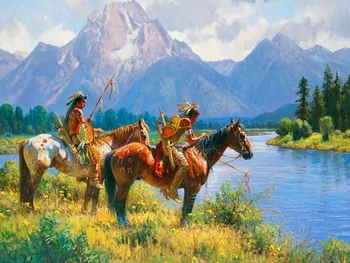 DOBRA kvaliteta -VRH Zahodne Umetnosti oljno slikarstvo-Ameriški domorodci Indijski s konja pokrajino slikarstvo na platno