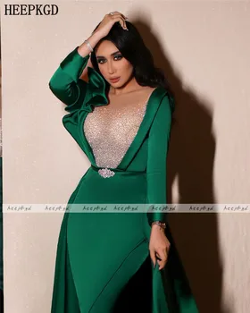 Dolge Rokave Zelena Savdska Arabski Večerno Obleko Svetleče Kroglice Saten Snemljiv Vlak Plus Velikost Maturantski Oblek Za Posebne Priložnosti Obleke
