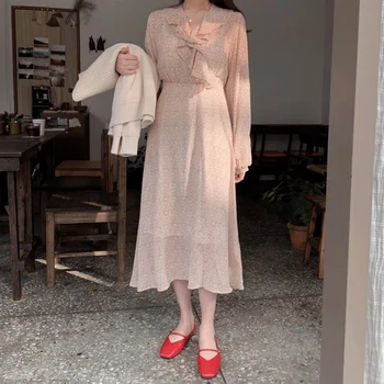 Dolgo Šifon Obleko Poletje Jesen Osnovne Obrabe Cvjetnim Natisne Korejski Japonskem Slogu Nov Design Ogrlicom Ženske Obleke, Modni Vestidos