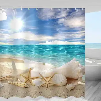 Doma Dekor Sonca Seashell kopalnica Tuš za domače Izdelek Dekoracijo Nepremočljiva Peščene plaže kopel zavese
