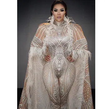 Drag queen Pevka Fazi Nositi 3D Tiskanje Stretch Leotard Jumpsuit Pero Plašč Obleko za Rojstni dan Plesalka Modeli modni brvi Kostum