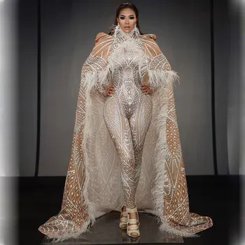 Drag queen Pevka Fazi Nositi 3D Tiskanje Stretch Leotard Jumpsuit Pero Plašč Obleko za Rojstni dan Plesalka Modeli modni brvi Kostum