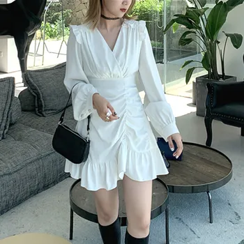 Draped Mini Obleka Ženske Priložnostne High Street Francoski Dolg Rokav Visoko Pasu Stranka Elegantno Obleko Ženski 2020 Jeseni Oblačila Korejski