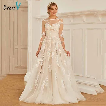 Dressv elegantno poročno obleko plus velikost vrat 3/4 rokavi čipke appliques gumb dolžina tal poročne outdoor&cerkvena poroka obleke