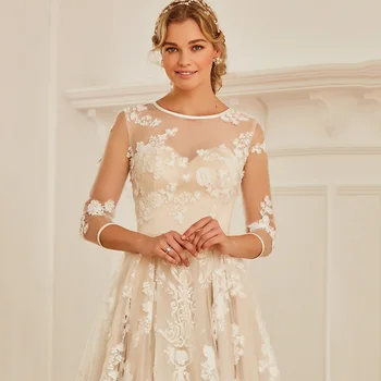 Dressv elegantno poročno obleko plus velikost vrat 3/4 rokavi čipke appliques gumb dolžina tal poročne outdoor&cerkvena poroka obleke