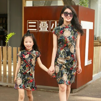 Družina Ujemanja Obleke, Mati Hči Obleke poletje obleko otrok nacionalni veter cheongsam obleko, mati, hči cheongsam