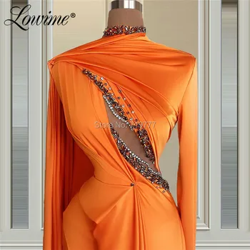 Dubaj Plus Velikost Večerne Obleke Elegantno Oranžni Kristali Beaded Muslimanskih Arabski Stranka Obleko Z Dolgimi Rokavi Bližnjem Vzhodu Maturantski Halje 2021