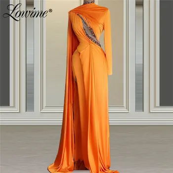 Dubaj Plus Velikost Večerne Obleke Elegantno Oranžni Kristali Beaded Muslimanskih Arabski Stranka Obleko Z Dolgimi Rokavi Bližnjem Vzhodu Maturantski Halje 2021