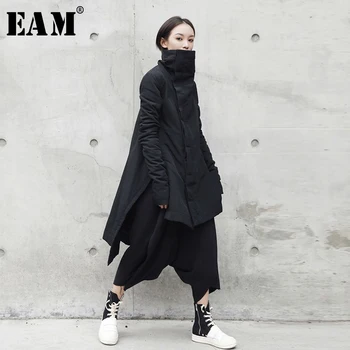 [EAM] 2021 Nove Modne Zimske Stojalo Povzroči Nepravilna Dolgo Vrsto Bombaž-oblazinjena Oblačila Svoboden Plašč popolnoma Črna Jakna Ženska YA771