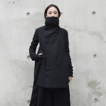 [EAM] 2021 Nove Modne Zimske Stojalo Povzroči Nepravilna Dolgo Vrsto Bombaž-oblazinjena Oblačila Svoboden Plašč popolnoma Črna Jakna Ženska YA771