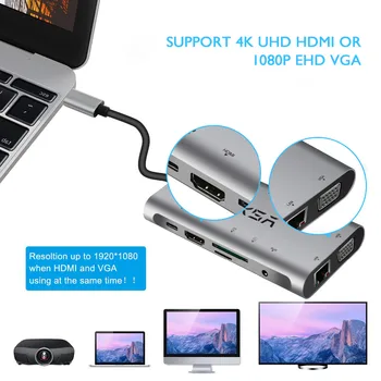 EKSA USB Tip C Središče za HDMI/RJ45 Gigabit Ethernet/VGA/Card Reader/Thunderbolt 3 Adapter Za Macbook Huawei P20 Pro USB 3.0 HUB