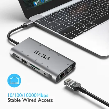 EKSA USB Tip C Središče za HDMI/RJ45 Gigabit Ethernet/VGA/Card Reader/Thunderbolt 3 Adapter Za Macbook Huawei P20 Pro USB 3.0 HUB
